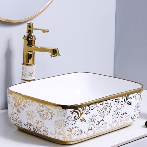 Image of LUXART Ceramic Vessel Sink, Countertop basin White with Gold Floral Art Pattern, 16 x 12 x 6 Inch Rectangular Shape Tabletop Wash Basin for Luxury Bathrooms