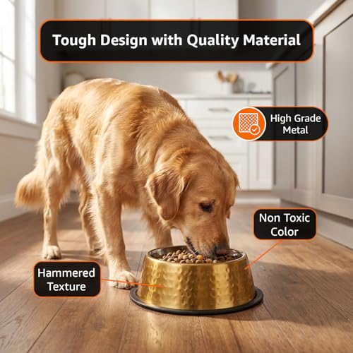 Image of Amazon Basics Stainless Steel Pet Feeding Bowls for Dog & Cats | Set of 2 | Anti Slip Base | Hammered - Copper & SS Shiny 345 ml Each
