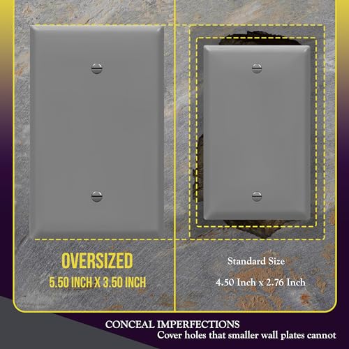 Image of ENERLITES Blank Device Wall Plate, Jumbo Blank Cover, Gloss Finish, Oversized 1-Gang 5.5 inch x 3.5 inch, Polycarbonate Thermoplastic, 8801O-GY-10PCS, Gray, 10 Pack | Jumbo size 5.5 inch x 3.5 inch, cover unused electrical box /outlet /switch, unbreakable polycarbonate, UL-listed, easy to install