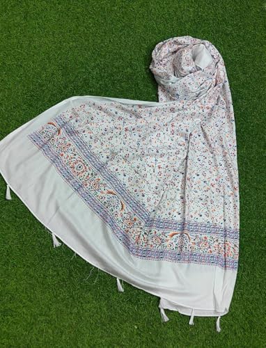 Image of Womens Cotton Printed Chunni Dupatta Lightweight Soft Ethnic Stole Traditional Daily and Festive Outfit Accessory (White)