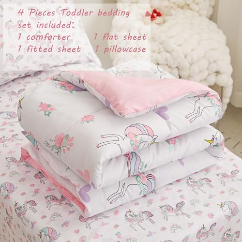 Image of Viviland Toddler Comforter Sets, 4 Pieces Bedding Sets, White Background | Microfiber Pink Bed Set, Girls, Breathable & Soft, Comforter, Bed Sheet, Fitted Sheet and Pillowcase, Machine Washable