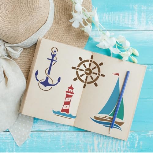 FINGERINSPIRE 4Pcs Aquatic Animals Seashells Nautical Beach Holiday Theme Big Stencils 21x29.7cm Lobster Anchor Coconut Tree Lighthouse Painting Large Stencil Summer Ocean Theme Spraying Templates - View 6
