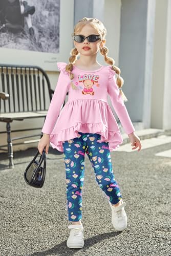 Image of Arshiner Toddler Girl Clothes Ruffle Trim Long Sleeve Pullover Top and Floral Print Leggings Fall Outfits Kids Clothing Sets