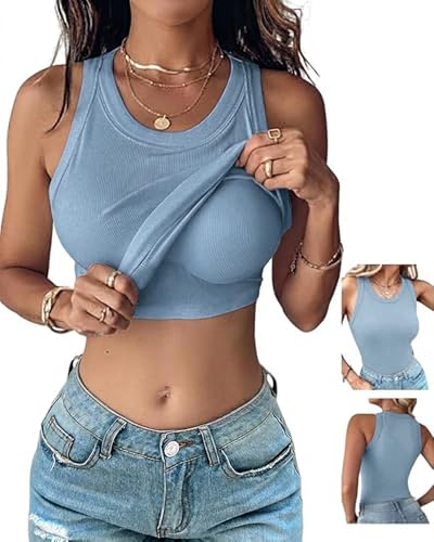 Image of CHICME Women Built-in Bra Tank Tops Sleeveless Casual Shirts Racerback Ribbed Fitted Tank Tops