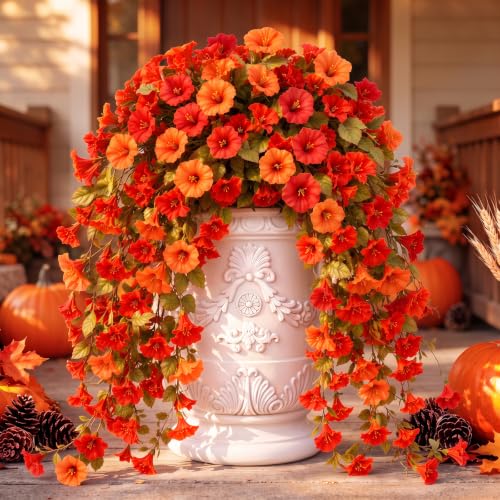 Image of Lewondr Artificial Fall Hanging Flowers UV Resistant Silk Petunias, Orange | Morning Glory, No Watering Needed, Fade Proof, for Porch Patio Balcony Yard Baskets, Autumn Decorations, Indoor Outdoor Use