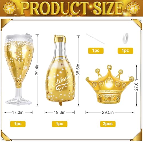 Image of 4PCS Champagne Balloons, Gold Champagne Bottle Glass Balloons Crown Shaped Helium Foil Balloon for Birthday Bachelorette Engagement Wedding Bridal Shower Graduation Anniversary Party Decorations