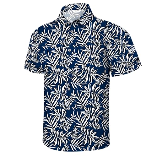 Hawaiian Shirt for Men, Hawaii Short Sleeve Button Down Mens Shirts Casual Palm Tropical Mens Outfits Casual Male Vacation Clothes for Beach, Luau, Holiday, Cruise, Palm Leaf Navy Blue, Large