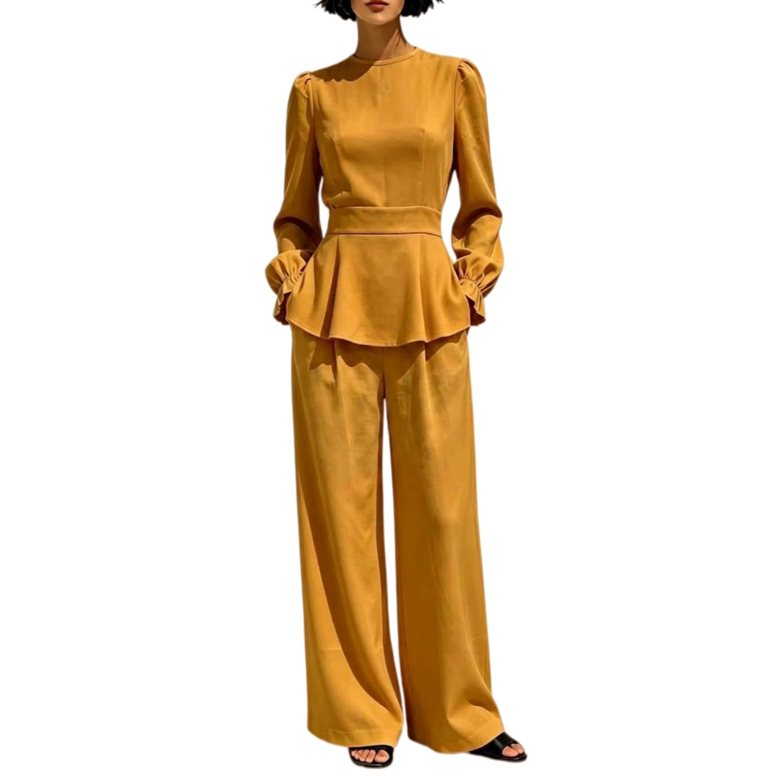 2-teiliges Outfit für Damen, langes Oberteil mit Puffärmeln und weites Bein