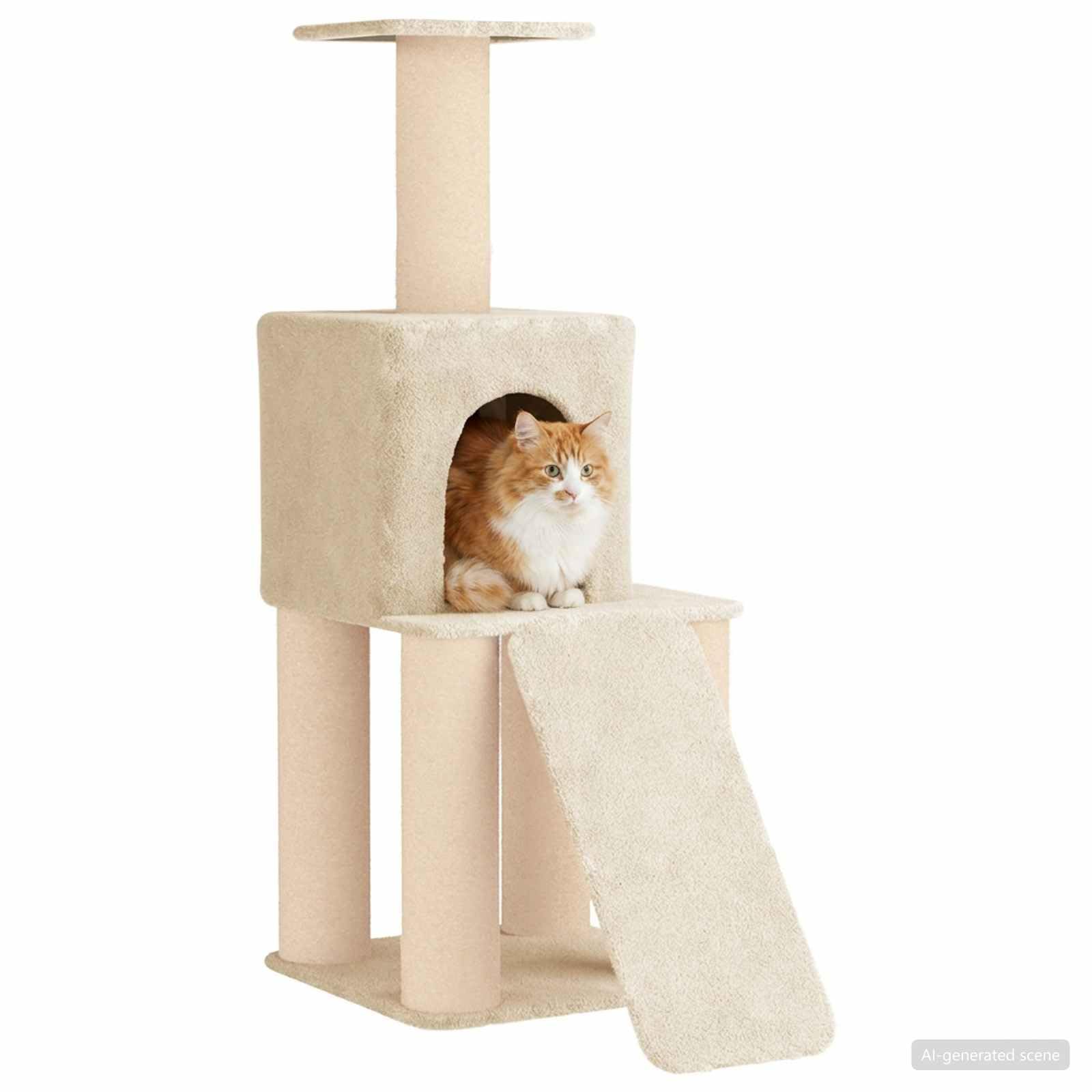 Kratzbaum groß mit Sisal-Kratzsäulen & Katzenhöhle, Kletterbaum 146 cm hoch aus Holz und Plüsch, Stabiler Katzenbaum Kletterturm für Katzen, Creme