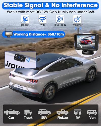 【Stabiles Bild】AHD 1080P Rückfahrkamera Kabellos, Rückfahrkamera Funk mit 5 Zoll Rückfahrkamera mit Monitor 6 LED Drahtlose Rückfahrkamera Auto Super Nachtsicht 170° Weitwinkel für DC 12V Auto SUV LKW