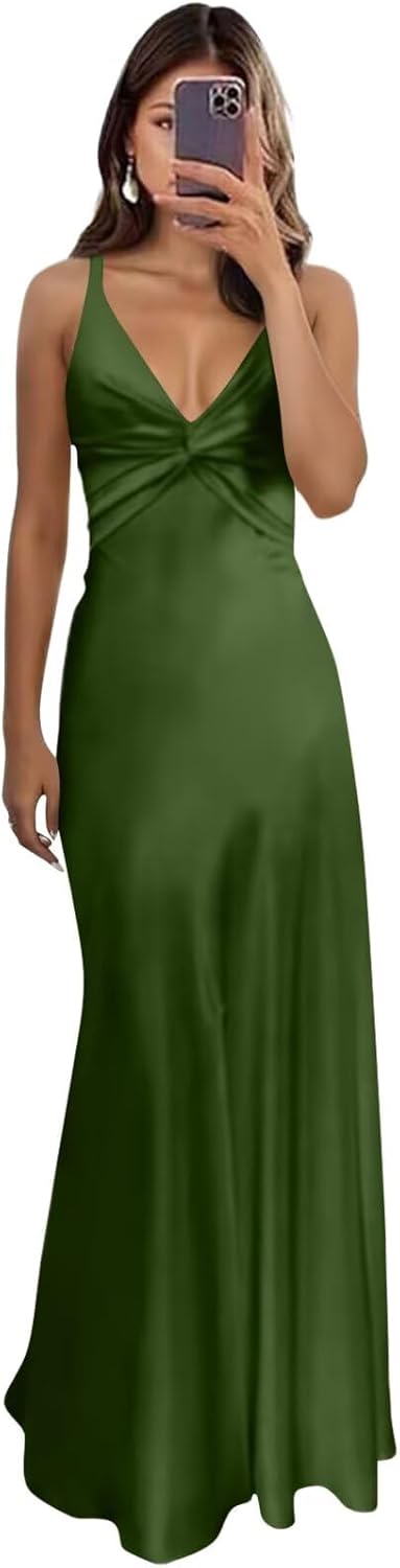 Long Satin V Neck Prom Dresses Maxi Bridesmaid Dresses Formal Evening Party Gown 2026
