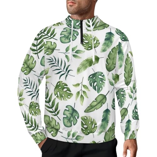 Leaf Print Fall Men's Casual Long Sleeve Hooded Zip Up Pullover Sweatshirt