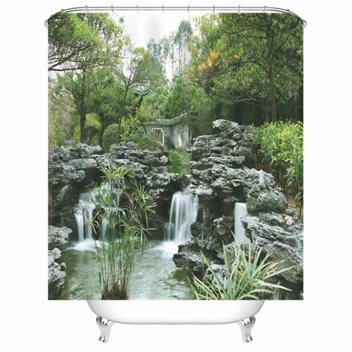 Rideau de douche vert en tissu polyester lavable avec anneaux pour douche - 2