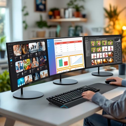 Image of Kado 3-Pack Trio 24 inch Curved 1500R 1920x1080 75Hz FHD Computer Monitor | Triple Monitor Setup HDMI Office Gaming Hybrid, VESA Wall Mount Arm Mount Built-in Speakers, Panoramic Display Multi-tasking