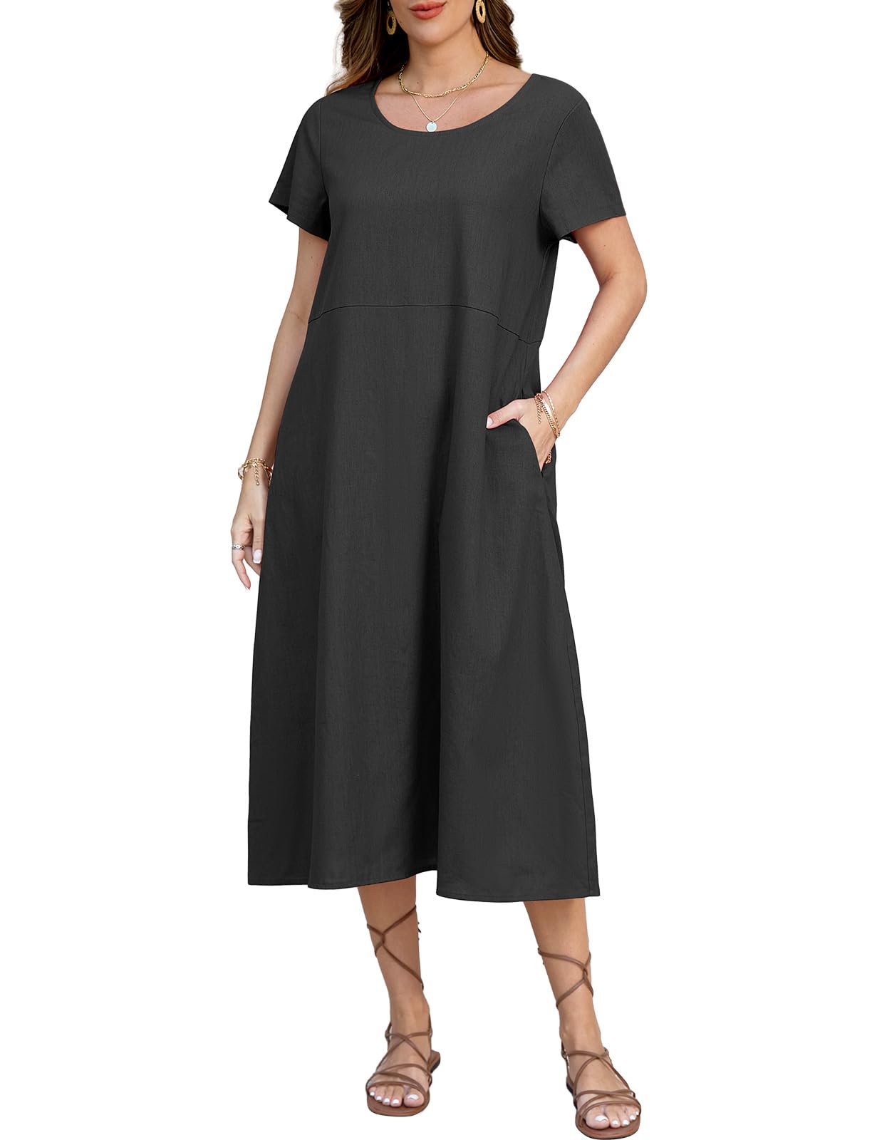 TOMEEK Vestidos Verano Mujer Manga Corta Largos Vestido Mujer Tallas Grandes Cuello Redondo con Bolsillos Casual Vestido Playa Mujer Vestido Camisero