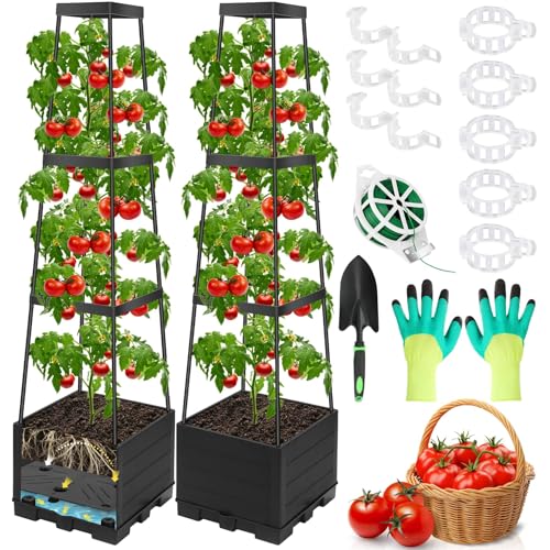 2 Packs Tomato Planter Pot with Raised Bed Trellis 45 Tomato Cages for Climbing Vegetables Self Watering Tomato Growing Container Planters Box for Indoor Outdoor Garden Bed Greenhouse