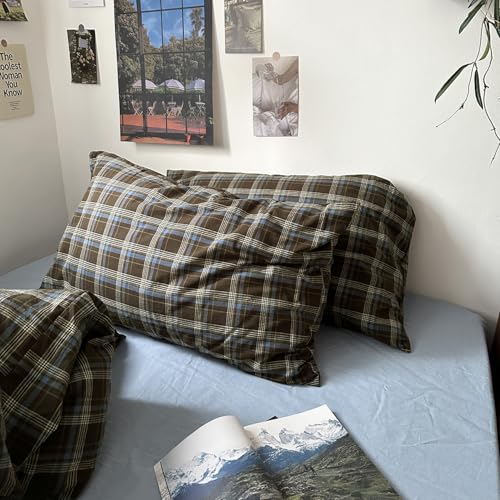 Image of MKXI Twin Size Blue, Brown & Green Buffalo Plaid Duvet Cover Set - 3 Piece Vintage Aesthetic Bedding Set, 100% Washed Cotton, Minimalist Design, Soft & Breathable Duvet Cover with Zipper Closure