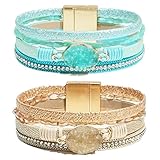 COAUXOG 2Pcs Boho Bracelets Woven Leather Multi-Layer Wrap Bracelet Heart Shape Inlaid Rhinestone Stackable Fashion Women Bracelet Jewelry (Gold + Light Blue)