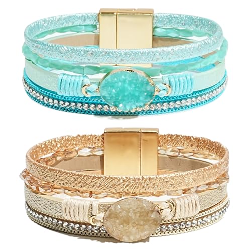 COAUXOG 2Pcs Boho Bracelets Woven Leather Multi-Layer Wrap Bracelet Heart Shape Inlaid Rhinestone Stackable Fashion Women Bracelet Jewelry (Gold + Light Blue)