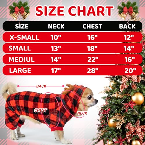 JVVGPET Pijama de Natal para cães pequenos, chifres com capuz, fantasia de cachorro de Natal, moleto