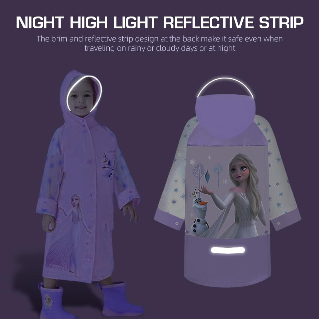 PALAY® Rain Coat for Kids Frozen Poncho Raincoat for Kids 5-7 Years Girls Boys With Pockets Wide Brim Hooded Poncho Safe School Bag Rain Cover Frozen Elsa print Recommend Height (L) 4