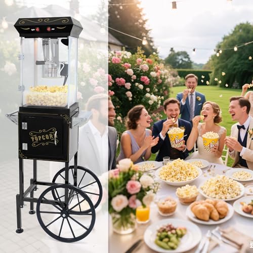 Image of Popcorn Machine with Cart & Wheels - Popcorn Maker Machine with 6OZ Stainless Steel Kettle, Pop corn Machine Maker for Home, Parties, Movie Theater, Black