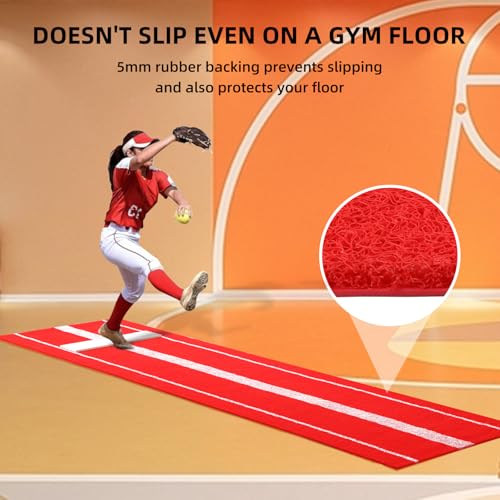 MOONACE Softball Pitching Mat ，10x3 ft Pitching Mound with Wooden/Mound，Batting Mat with Antifade Turf and Antislip Bottom ，Red/Green,Perfect for Baseball Practice in Garage，Backyard，Gym(Red) - Thumbnail 5