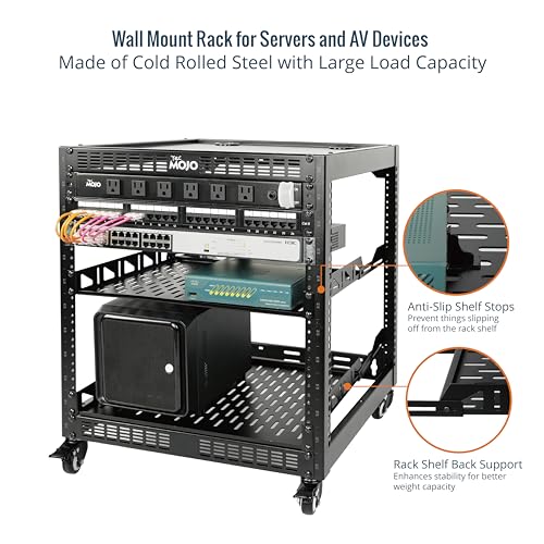 TECMOJO 12U Open Frame Network Rack for IT & AV Gear, 4-Post With Casters, Mobile With 2 PCS 1U Server Shelf & Mounting Hardware, for 19" Network, Audio and Video Device