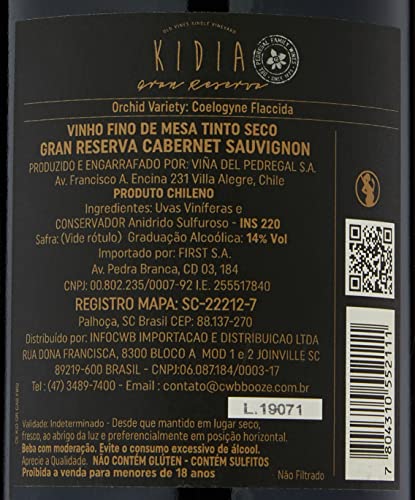 Kidia Vinho Tinto Gran Reserva Cabernet Sauvignon 750 Ml Cabernet Sauvignon Vermelho-Púrpura Com Ref