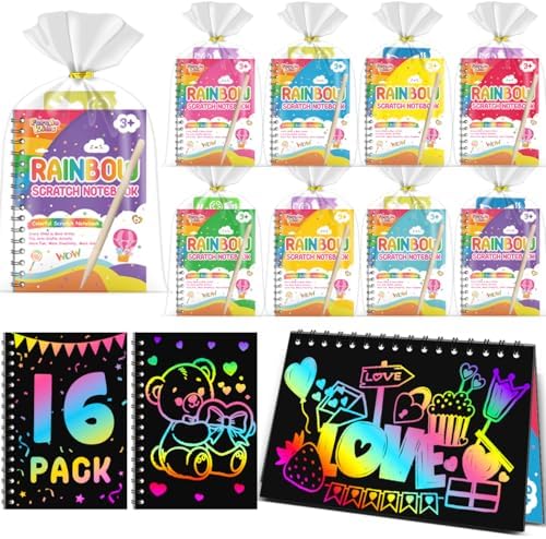 Party Favors for Kids: 16 Pack Rainbow Scratch Art Notebook Back to School Students Classroom Gifts Bulk for Girls Boys Goodie Bags Stuffers, Return Gifts for Birthday Party Favors Bulk