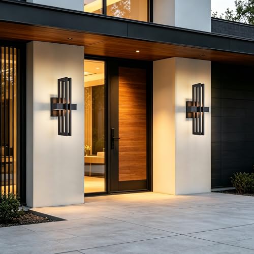 Image of Outside Light 2 Pack, 15Inch Small Black Outdoor Wall Sconce Waterproof Exterior Light Fixture, Modern Wall Mount, Decorative LED Lighting for Patio Garage Yard Backyard Apartment Balcony