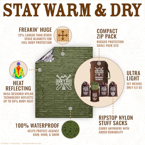 Image of Don't Die In The Woods - Freakin' Huge Emergency Blankets [4-Pack] Extra Large Thermal Mylar Space Blanket - One of The Ten Essentials Outdoor Survival Gear for Hiking Camping First Aid Kit (Green)