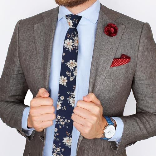 Image of Mantieqingway Men's Skinny Tie, Cotton Floral Ties for Men Wedding Necktie for Groom, Groomsmen, Missions, Dances