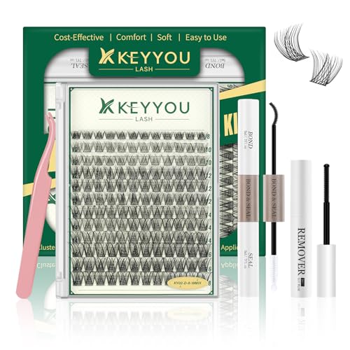 DIY Wimpernverlängerung Kit KEYYOU LASH 144pcs 8-16MIX Wimpern Cluster Wimpernverlängerung Kit mit Bond und Siegel,Remover,Applikatoren für Anfänger zu Hause (KY02 Kit)