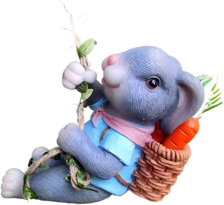 Climbing Bunny Rabbit Figurine, Resin Garden Decoration with Carrot Basket, Tree Hanging Ornament Statue (Yellow)