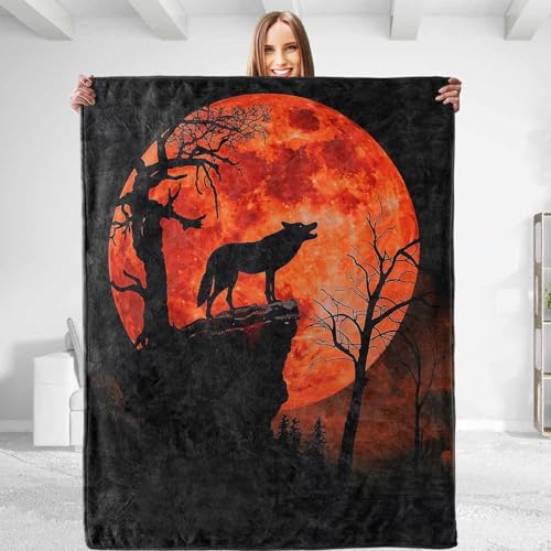dhakalrlde Coperta per lupo e luna, lussuosa, morbida e confortevole, coperta pelosa in flanella per divano, camera da letto, viaggi, soggiorno, uso esterno, 127 x 101 cm