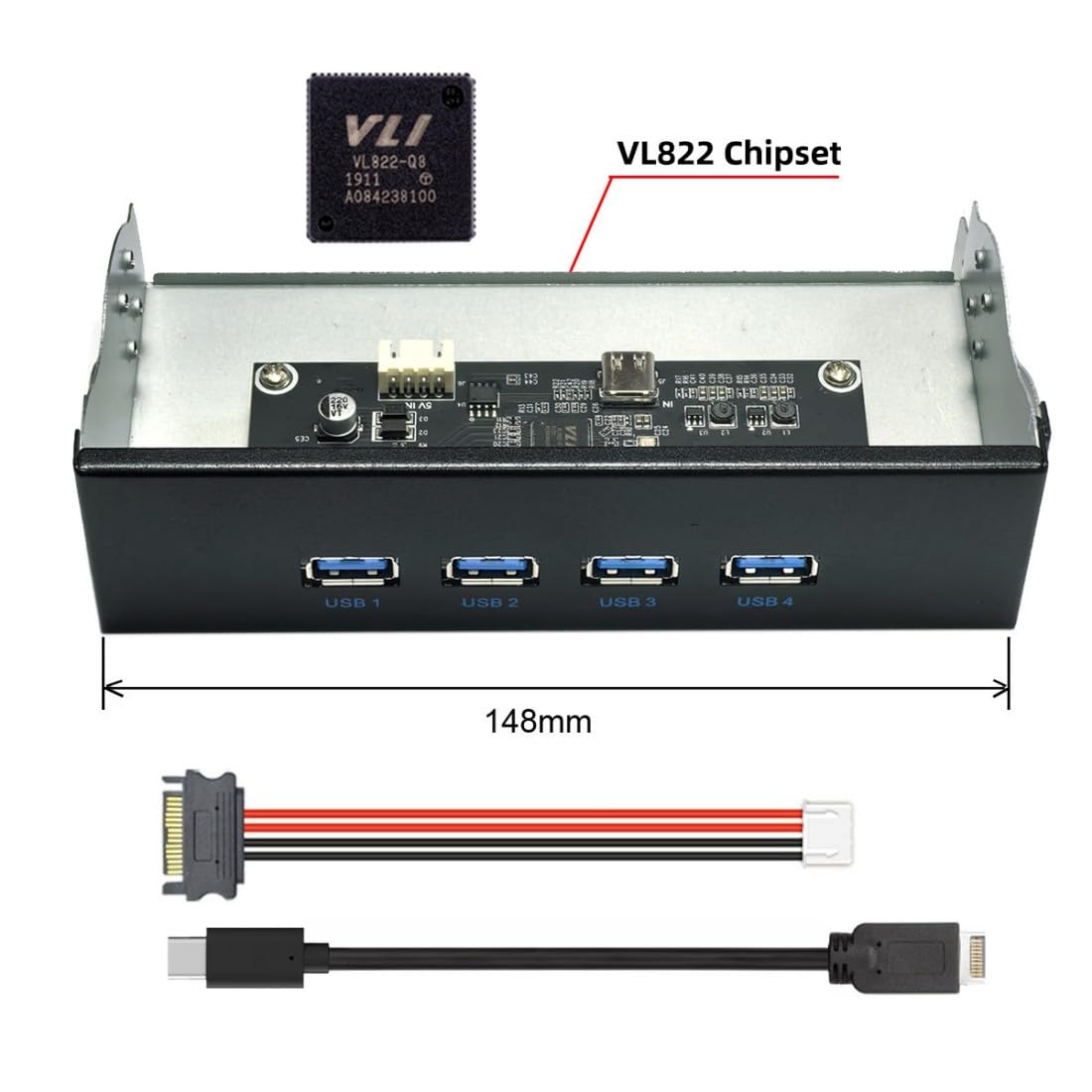 ChenYang 4 Ports USB 3.1 Type E Front Panel Header to 4 USB 3.0 Hub Port Multiplier Adapter with SATA Power Cable for 5.25 Inch Optical Drive Bay Panel