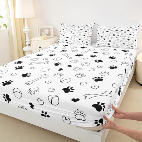 Dog Paws Print Kids Fitted Sheet Queen Size,Bones Love Heart Cute Bedding Set,Girls Boys Adults Room Decor,Cartoon Dogs Pets Paws Bed Cover,Black White Bed Sheet,2 Pillowcases