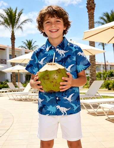 Image of Boys Hawaiian Shirt Kids Button Down Aloha Beach Hawaii Tops 5-14Y | Quick Dry, Breathable, Cooling & Lightweight, For Summer Vacation Holiday, Fourth of July, Youth, Teen, Shark, Dinosaur