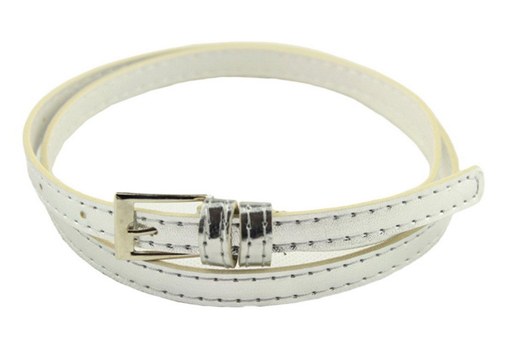 COMVIP Women Candy Color Thin Waist Belt Adjustable Skinny Waistband Silver