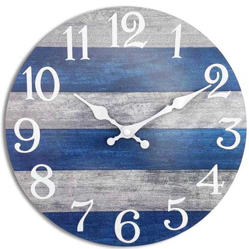 SENYURI Small Outdoor Clock Silent Non-Ticking Battery Operated Analog, 10 Inch Navy Ocean Nautical...