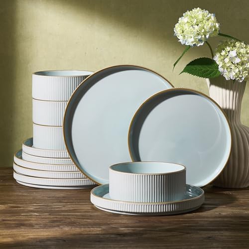 Image of Famiware Plates and Bowls Set with Rim, Stoneware Dinnerware Sets for 4 | 12-Piece Ceramic Dishes, Lipped Edges, Chip & Scratch Resistant, Microwave & Dishwasher Safe, Everyday Formal Use, Light Blue