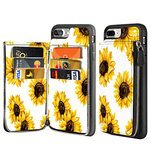 Free Shipping Over $50 iPhone 8 Plus Zipper Case Floral, iPhone 7 Plus Card Holder Case, LAMEEKU Flower Sunflower Pattern Design Case with Credit Card Slot Leather Protective Cover Compatible for iPhone 8 Plus/iPhone 7 Plus