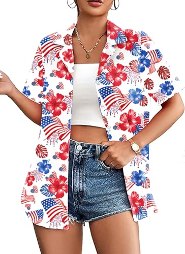 Image of American Flag Shirt for Women 4th of July USA Button Up Tops Summer Hawaii Floral Patriotic Stripes Graphic Tee