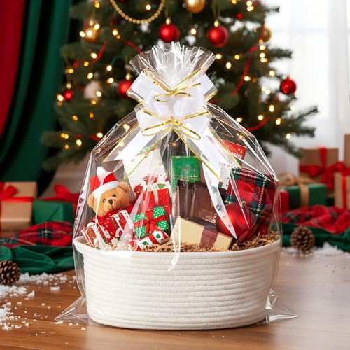 Image of Colingmill Woven Basket with Gift Bags and 2 Ribbons, Raffia Grass Paper Shred Filler, Gift Card, Empty Small Rope Basket for Storage Presents Toy Organizer(White,14 * 10 Inch)