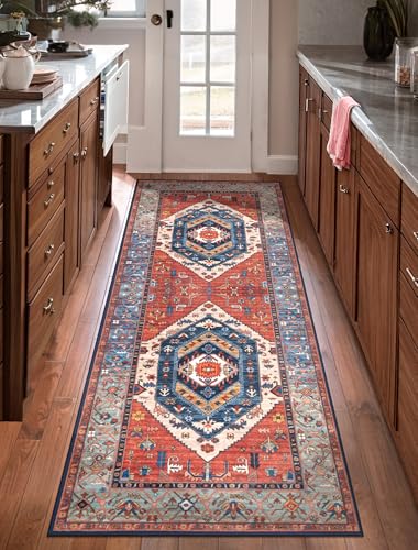SERISSA Boho Washable Runner Rug, 2x5 Non-Slip Vintage Rust Hallway Kitchen Runner Rug Ultra Soft Print Distressed Tribal Floor Carpet for Bedroom Bathroom Laundry Living Room
