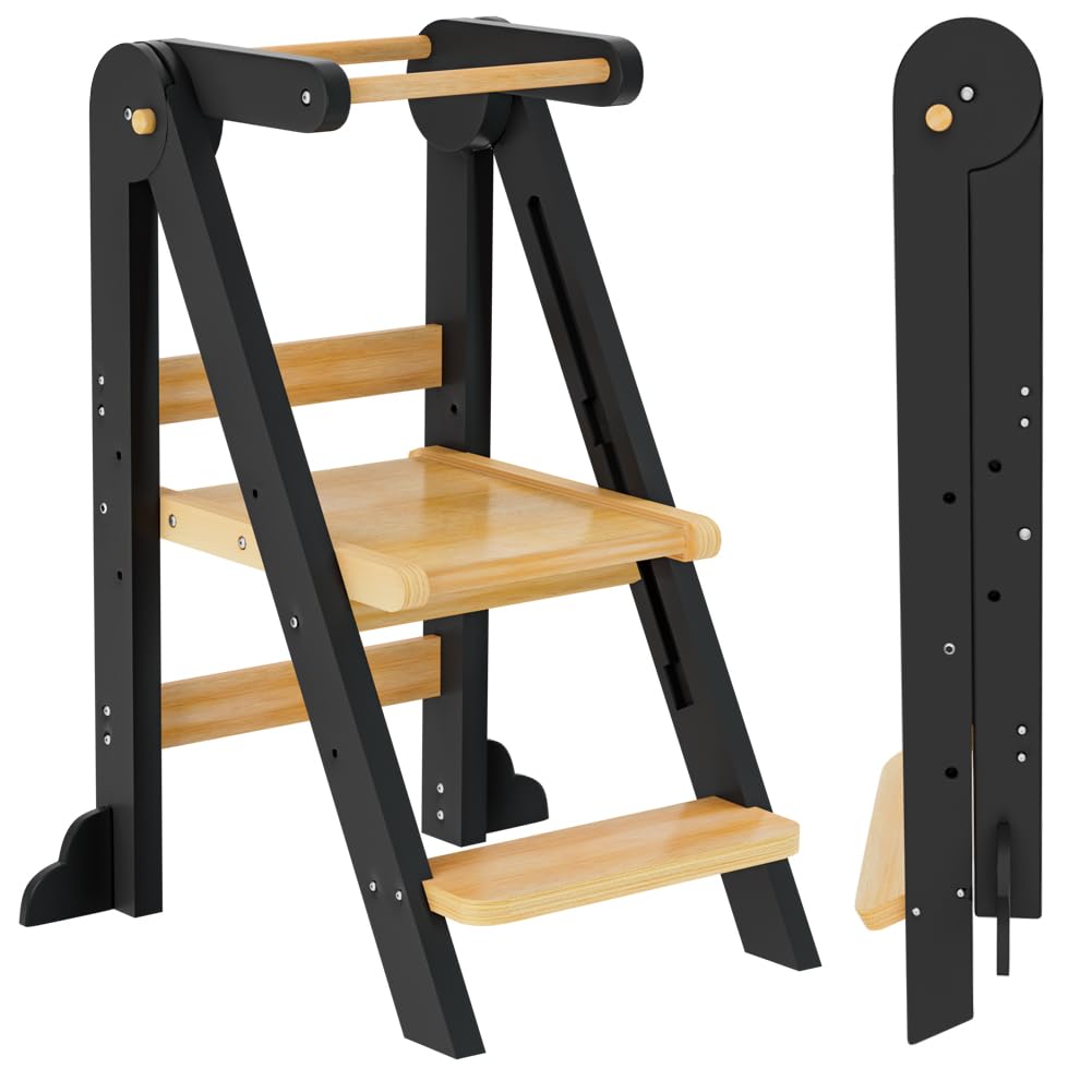 Toddler Tower, Foldable Step Stool for Toddlers, Toddler Kitchen Stool Helper with 3 Adjustable Height Safty Rail and Anti-Tip Structure, Learning