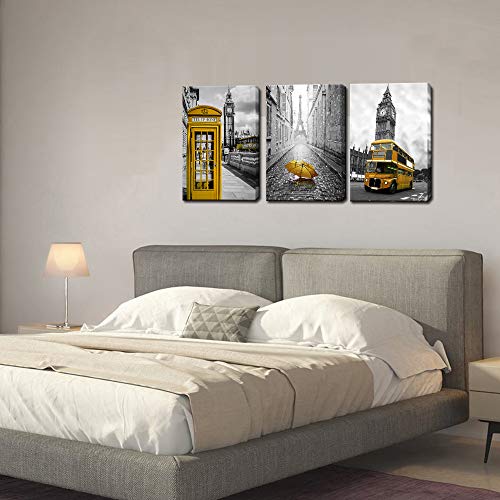 Biuteawal - 3 Panel City Wall Art Paris Eiffel Tower Picture Prints London Big Ben With Telephone Booth Landscape Painting On Canvas Black And Yellow Artwork For Home Decor #TOP3