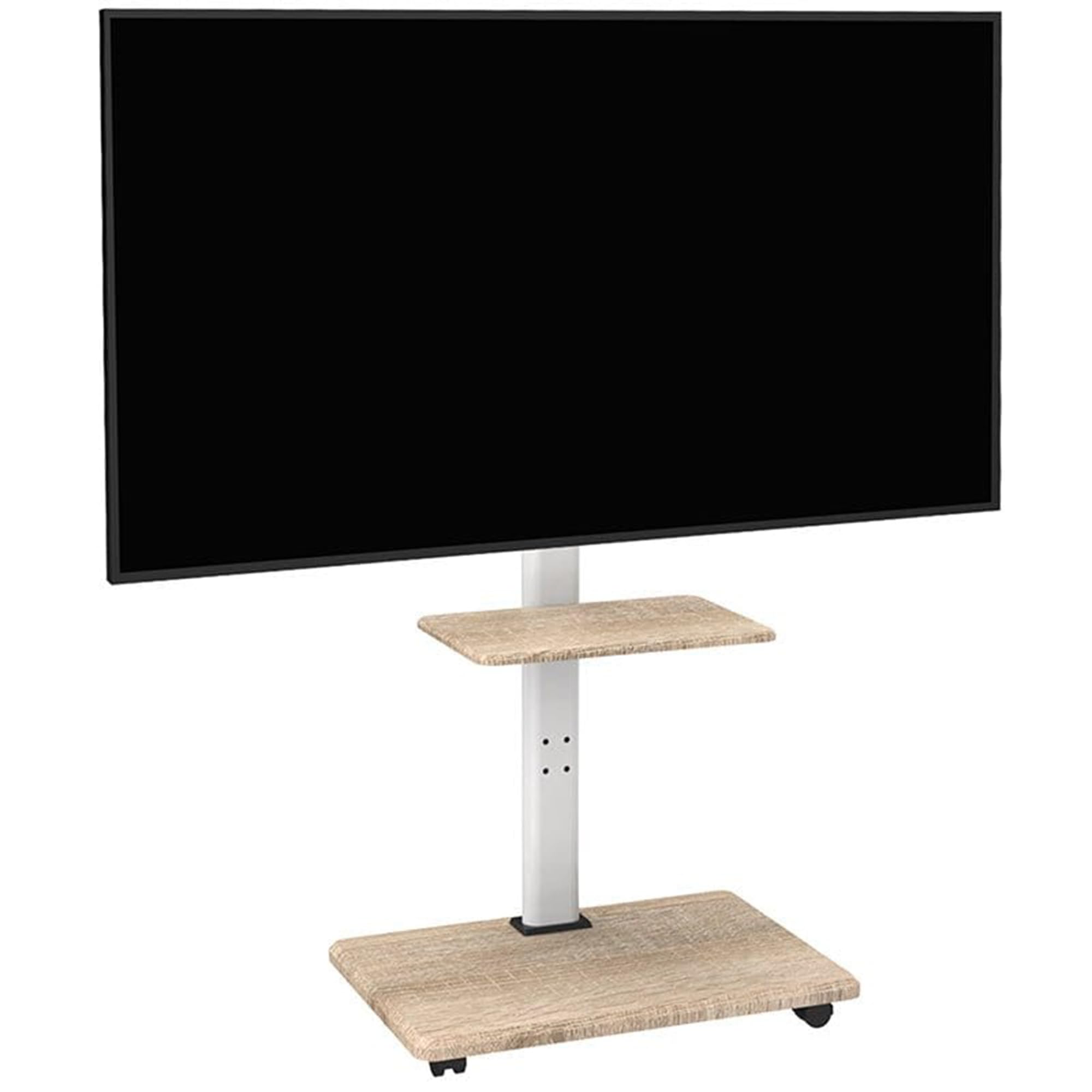 Delphos Support TV Mobile avec Socle en Bois, Meuble TV à roulettes 32-70" jusqu'à 45 kg, Chariot Meuble TV réglable en Hauteur jusqu'à env. 130 cm, Rotatif ±25° Max. VESA 600x400 Blanc