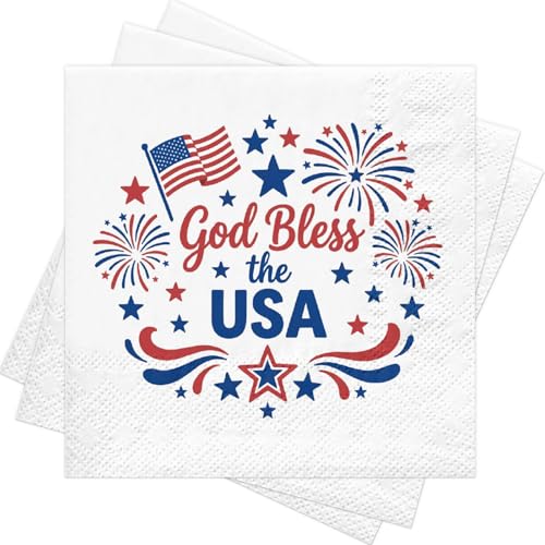 RUSPEPA 25 Pcs Patriotic Paper Napkins, "God Bless the USA" Fireworks & Flag Design Disposable Cocktail Napkins for 4th of July, Independence Day, Memorial Day Party Decor, 3 Ply, 5 x 5 Inch